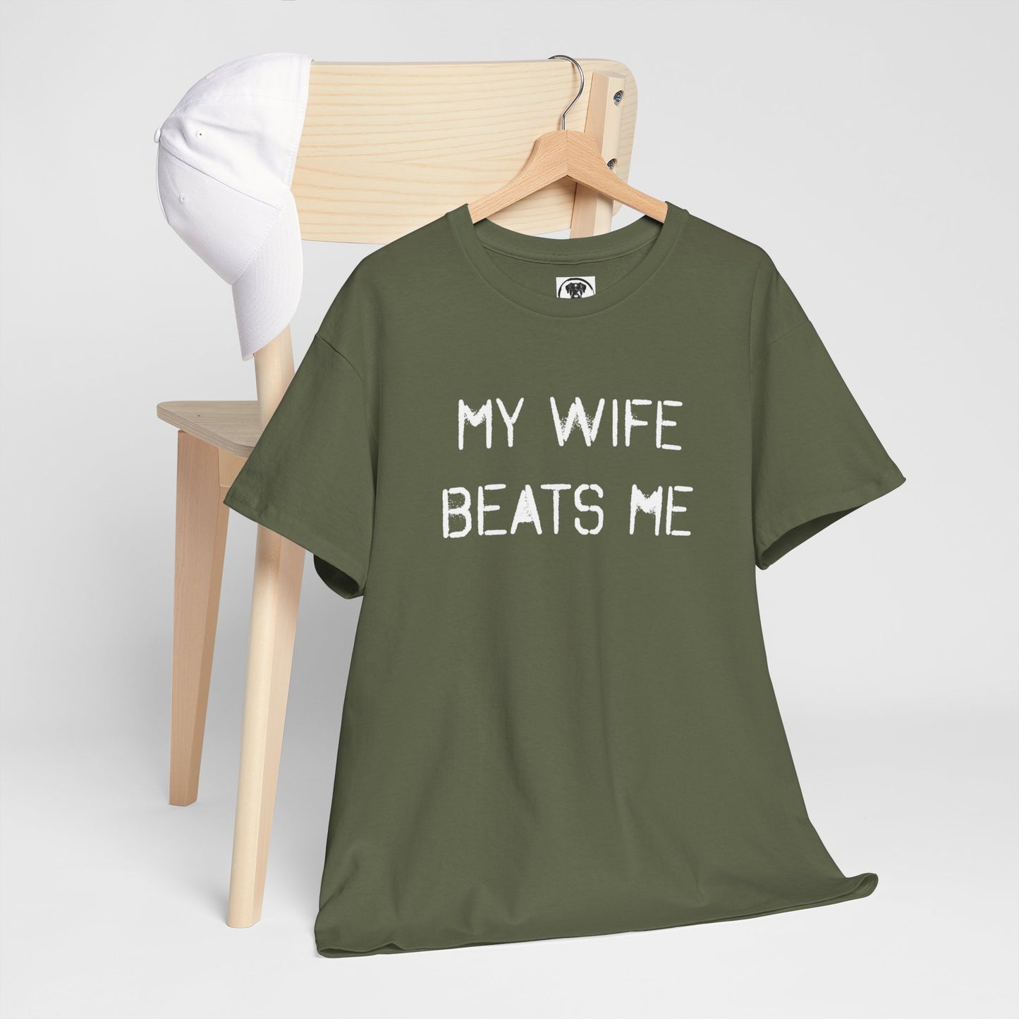 Ollie's: My Wife Beats Me T-Shirt, Dark - 100% Cotton