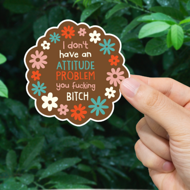 Durable, vinyl, die-cut, An Attitude Problem Sticker.