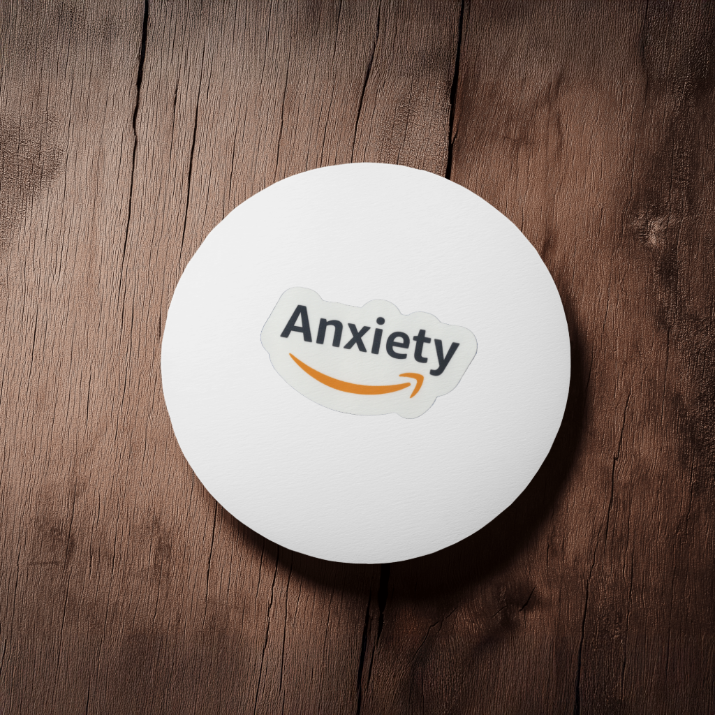 White round object with 'Anxiety' sticker on a wooden surface. Durable vinyl, die-cut.