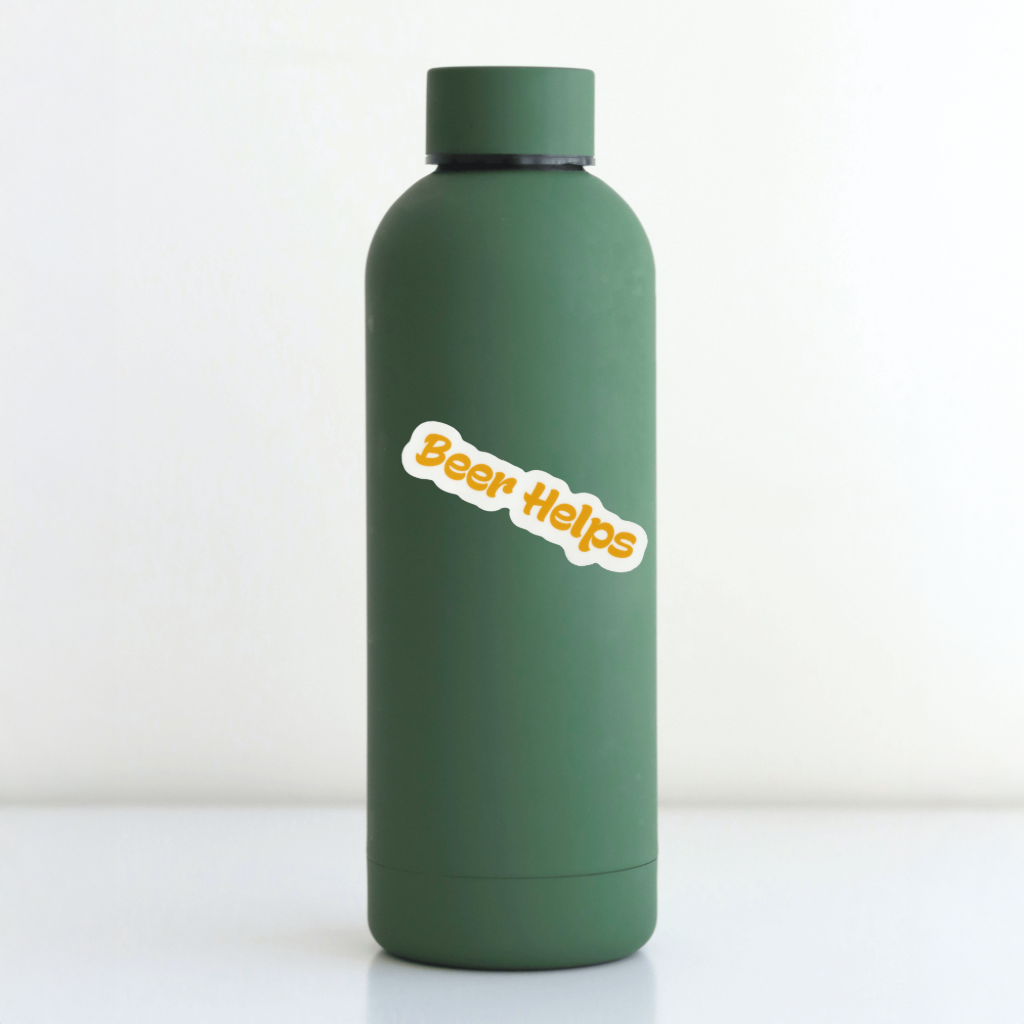Green water bottle with 'Beer Helps' sticker on a white background