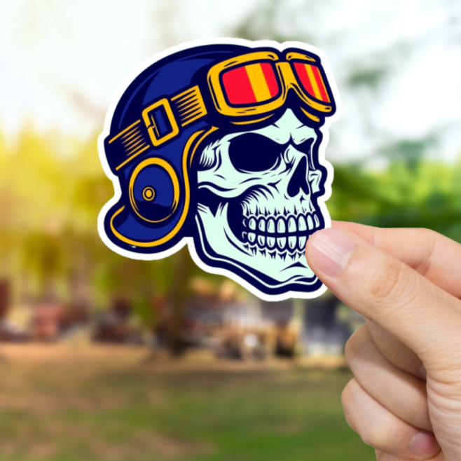 Durable, vinyl, die-cut, Skull with Cap-Goggles Sticker.