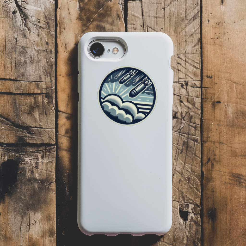 Durable vinyl, die-cut Bombs Falling Clouds Sticker.