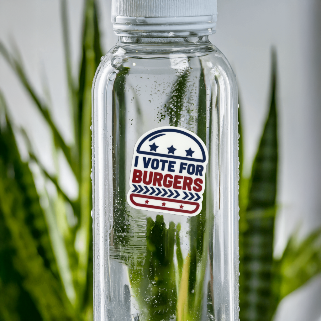 Durable, vinyl, die-cut, I Vote For Burgers Sticker