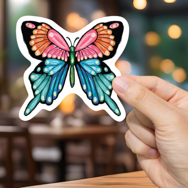 Durable, vinyl, die-cut, Artistic Butterfly Sticker.