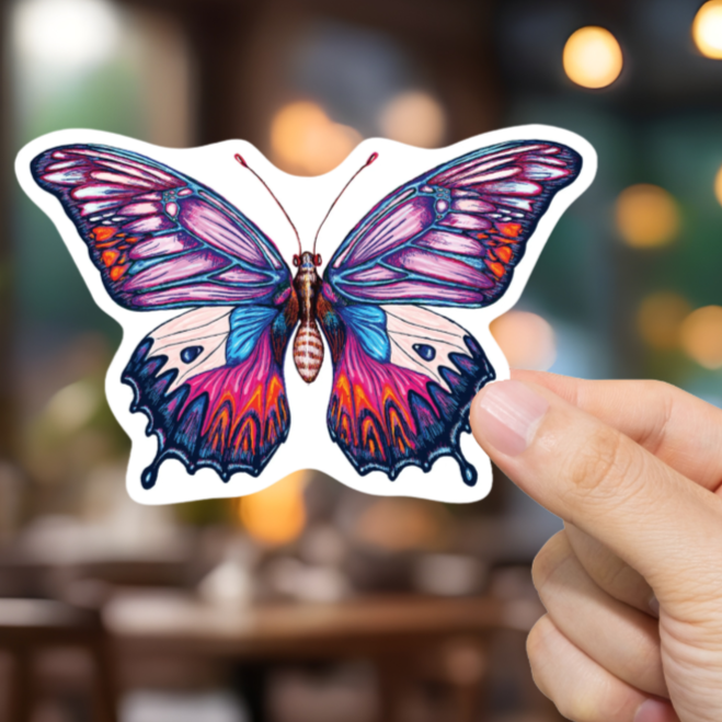 Durable, vinyl, die-cut, Artistic Butterfly Sticker.