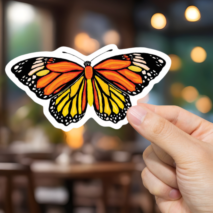 Durable, vinyl, die-cut, Artistic Monarch Butterfly Sticker.