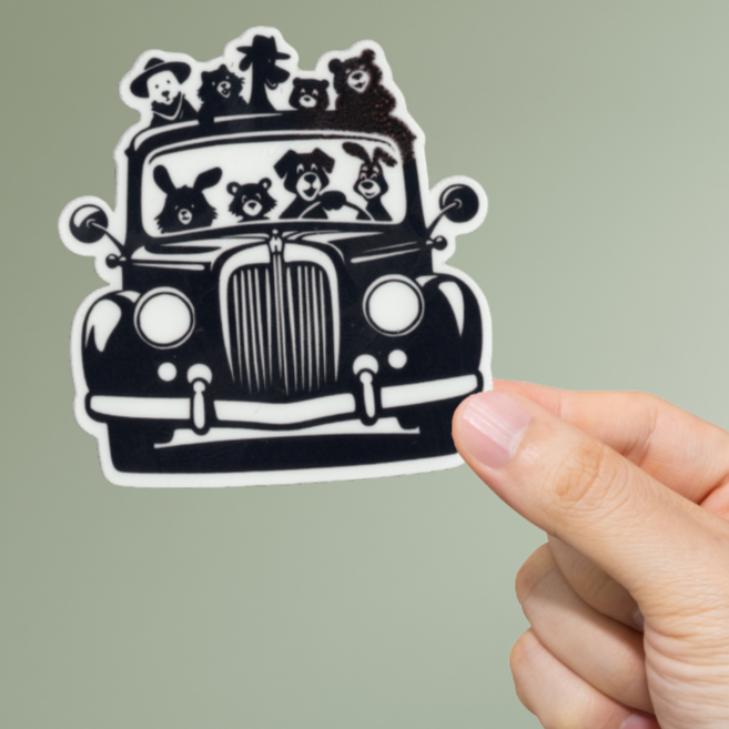 Durable, vinyl, die-cut, Carload Of Critters Sticker.