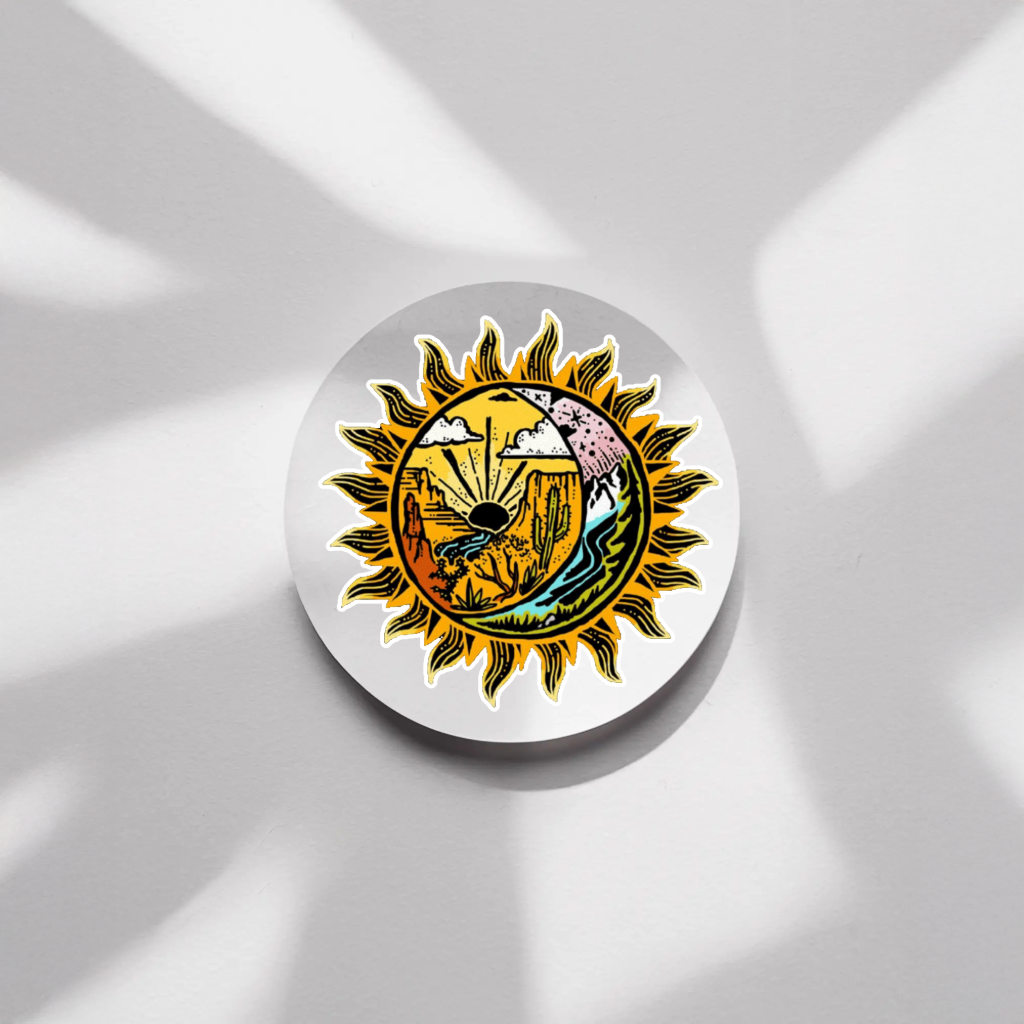 Durable vinyl, die-cut Desert Sun Sticker.
