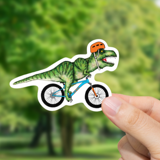Durable, vinyl, die-cut, T-Rex On A Bike Sticker.