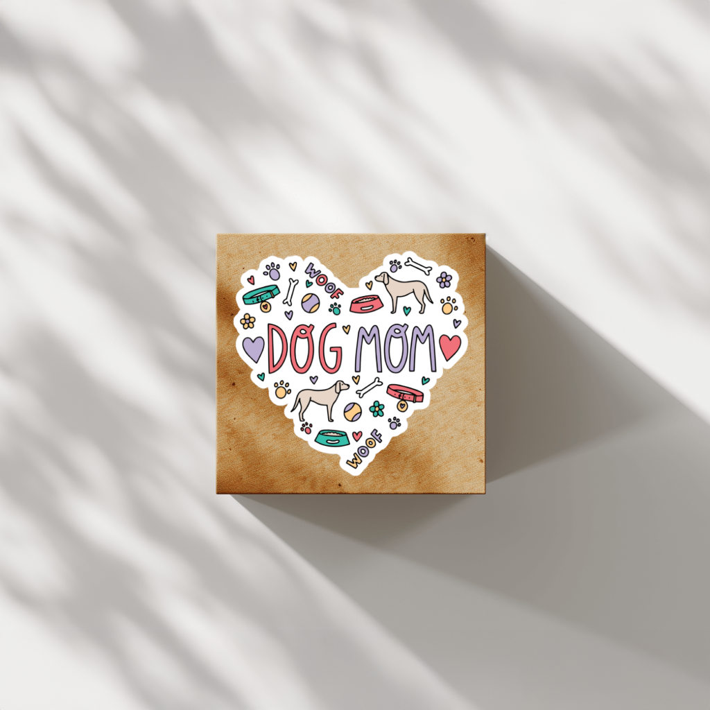 Durable, vinyl, die-cut, Dog Mom Heart Sticker.