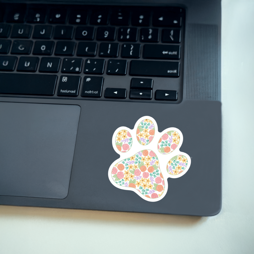 Durable, die-cut, vinyl, Floral Paw Sticker.