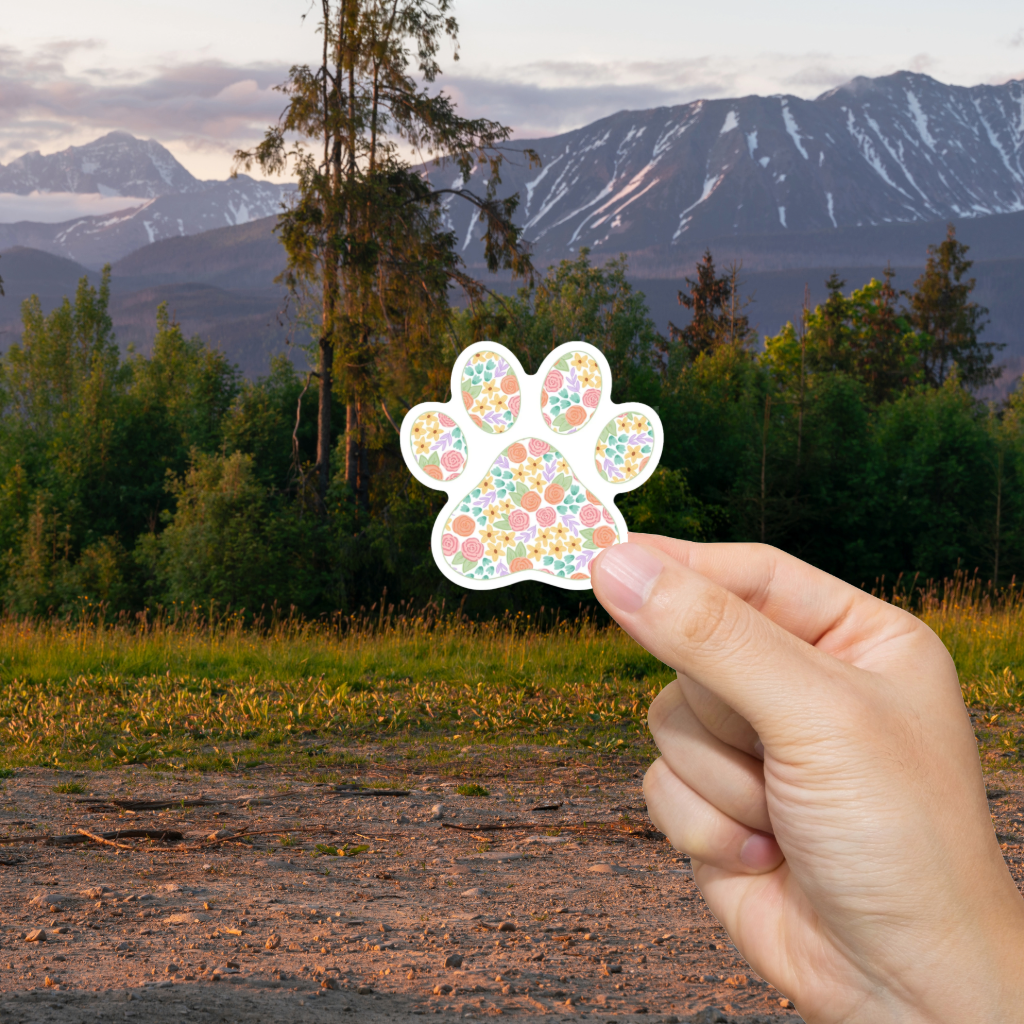 Durable, die-cut, vinyl, Floral Paw Sticker.