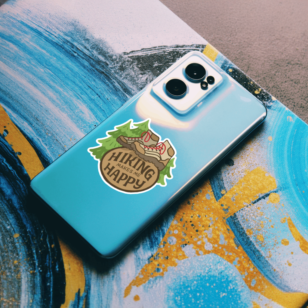 Durable, die-cut, vinyl, Hiking Makes Me Happy Sticker.