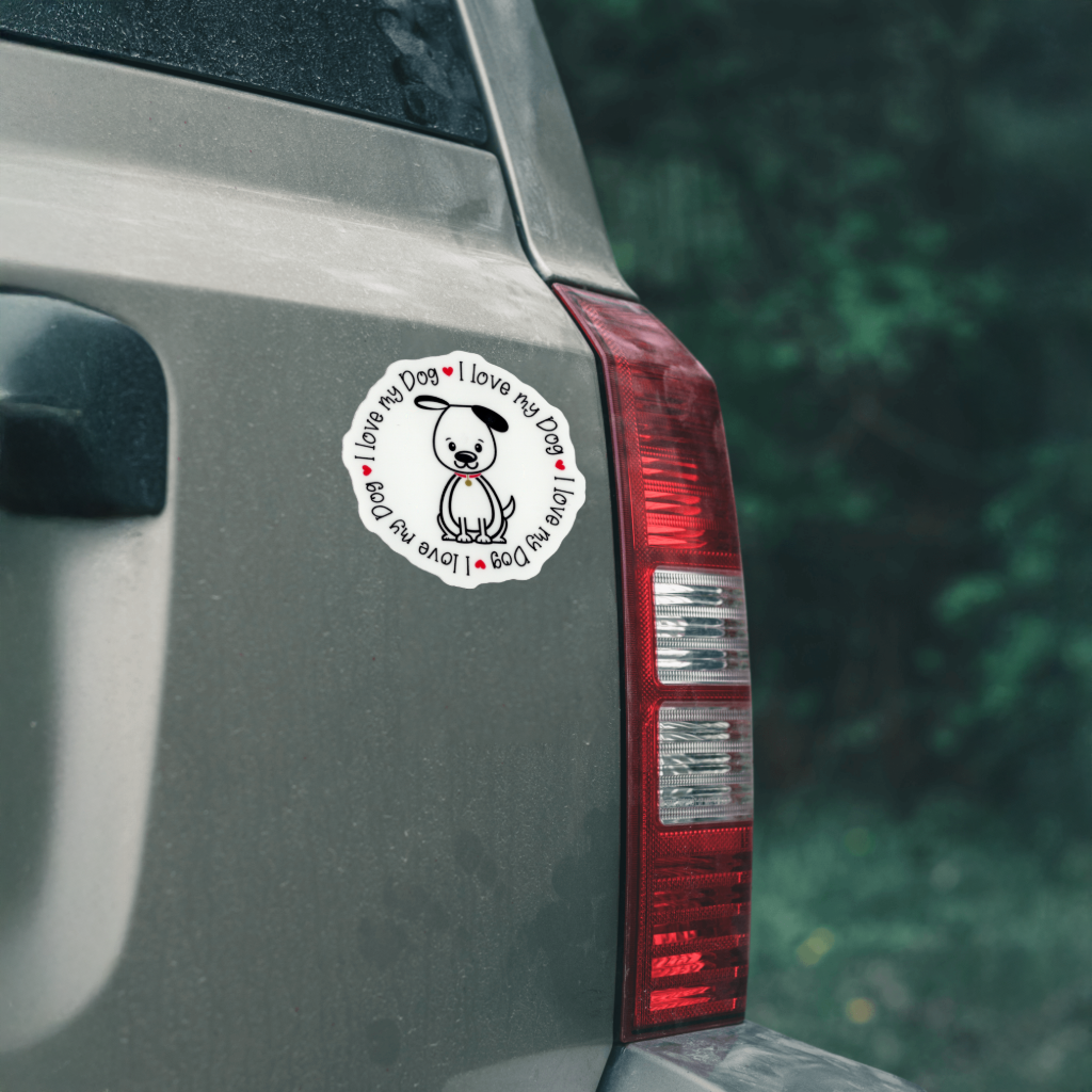 Durable, vinyl, die-cut, I Love My Dog Sticker.