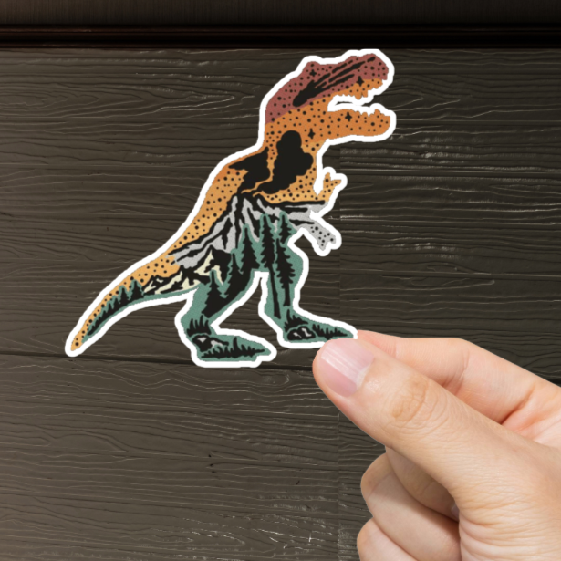 Durable, vinyl, die-cut, Mountain T-Rex Sticker.