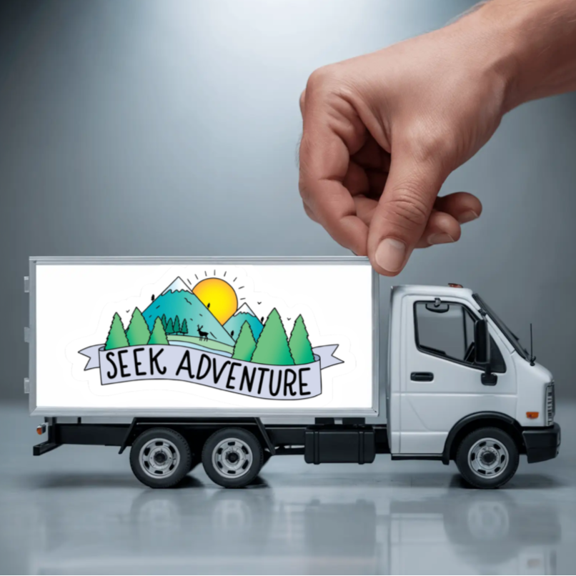 Durable, die-cut, vinyl, Seek Adventure Sticker.