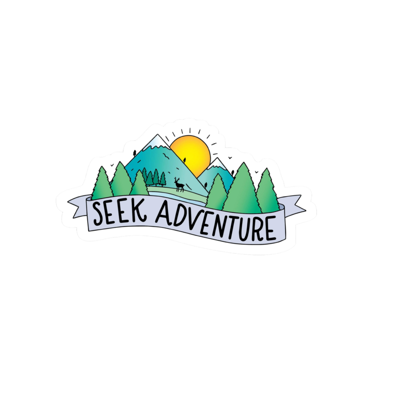 Durable, die-cut Seek Adventure Mountains Sticker