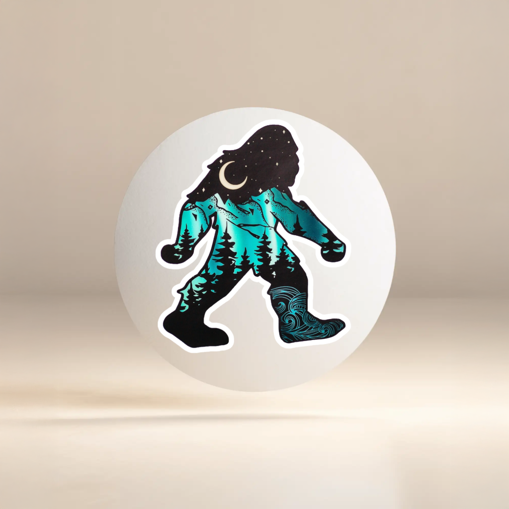 Durable, vinyl, die-cut, Squatch At Night Sticker.