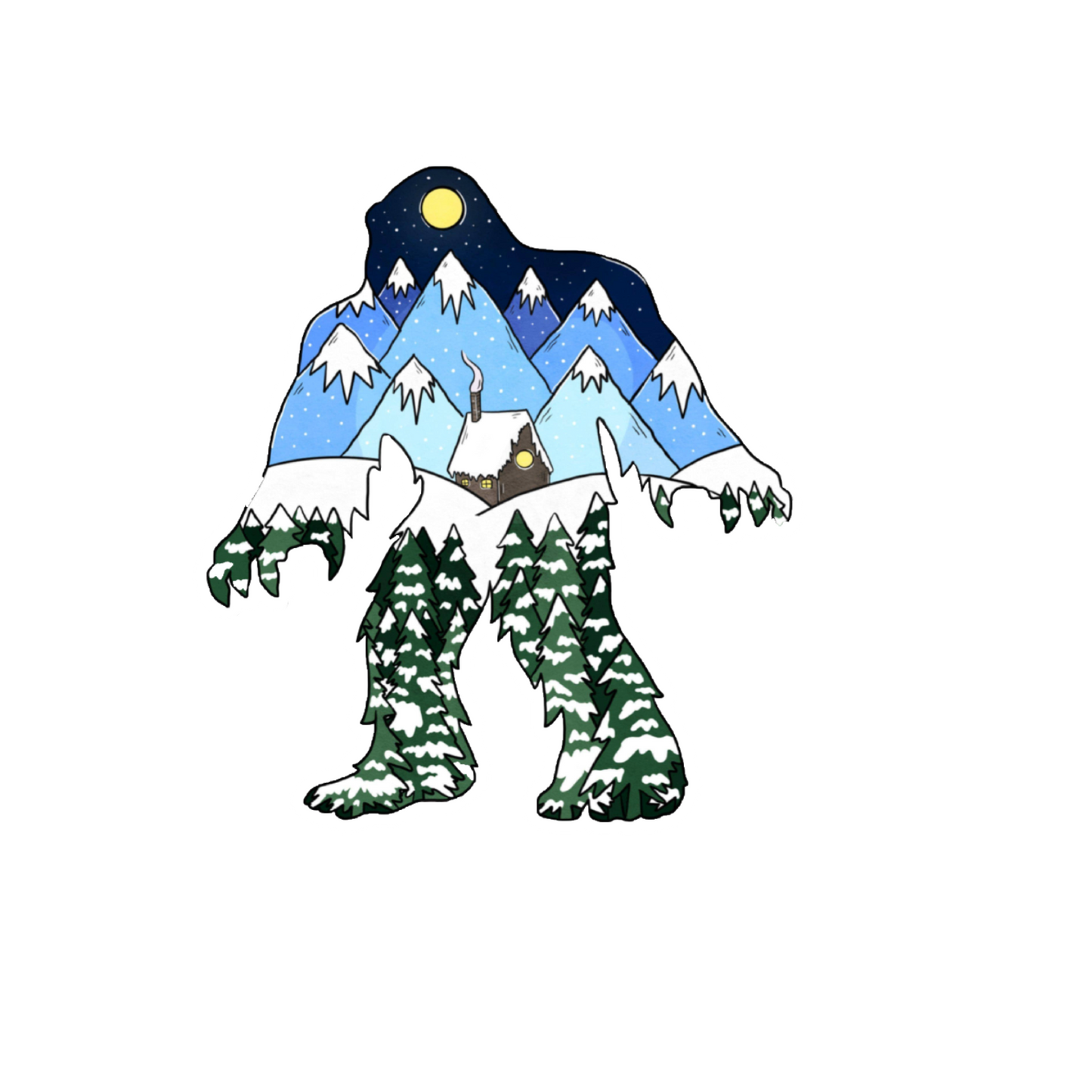 Durable, die-cut Squatch Winter Cabin Sticker