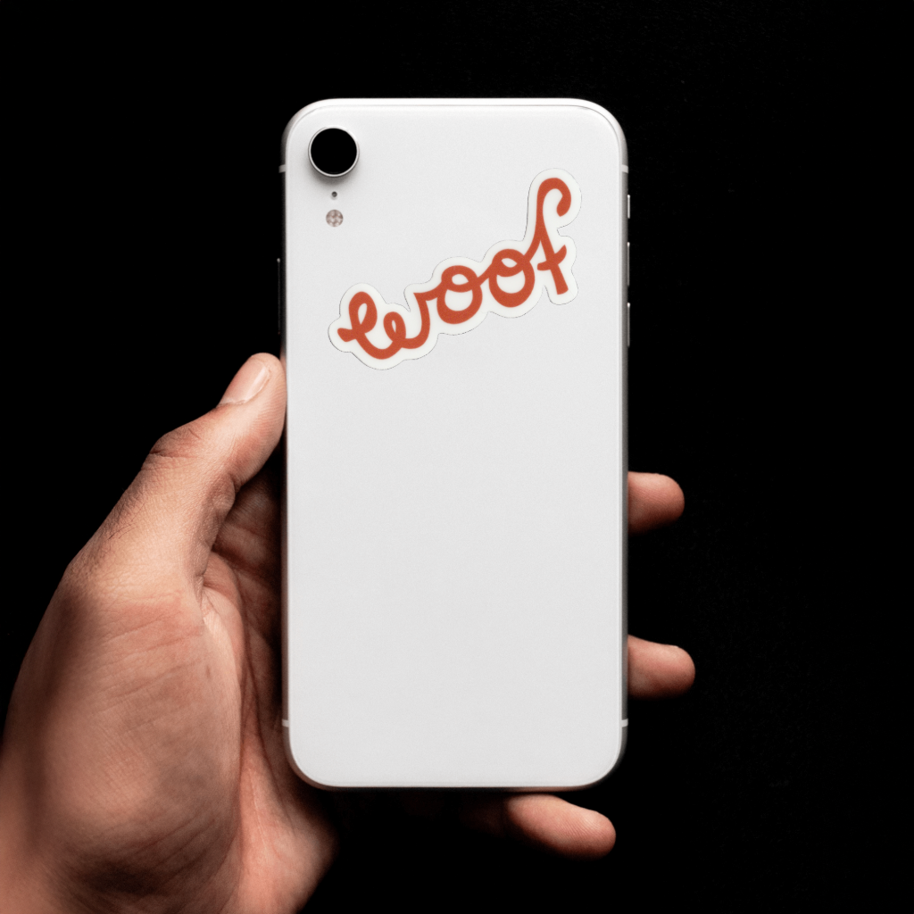 Durable, vinyl, die-cut, Woof Woof Sticker.
