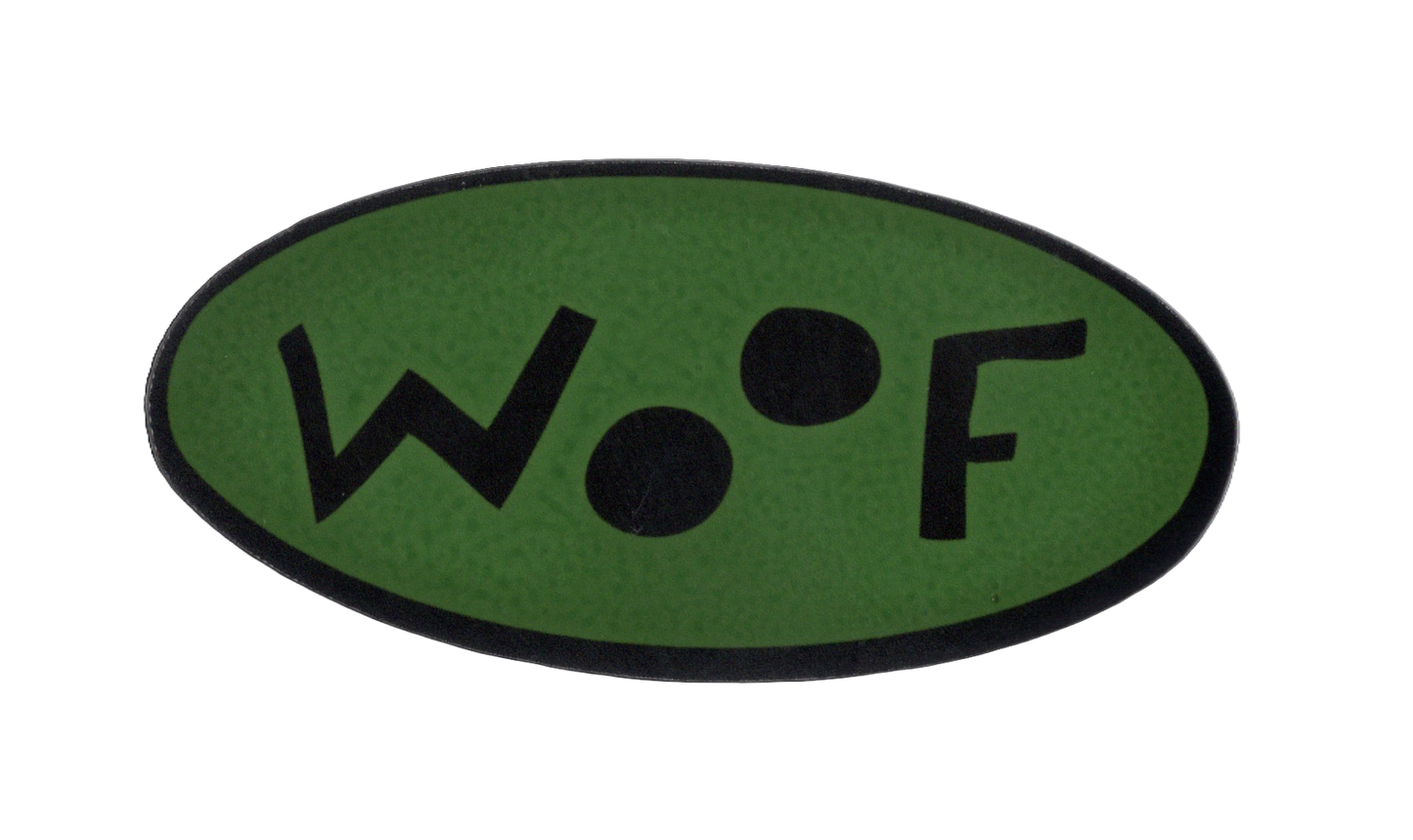 Durable vinyl, die-cut Woof Sticker
