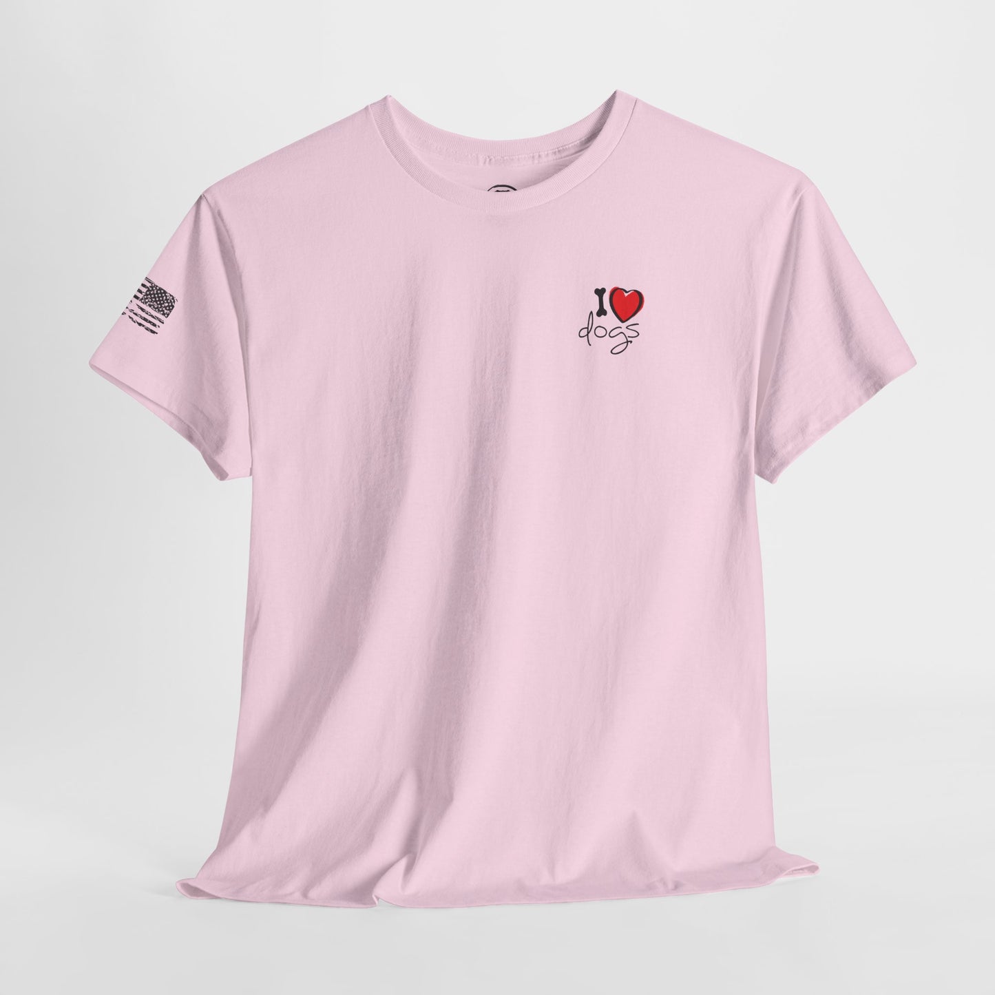 Pink t-shirt with 'I ❤️ dogs' design on a light gray background