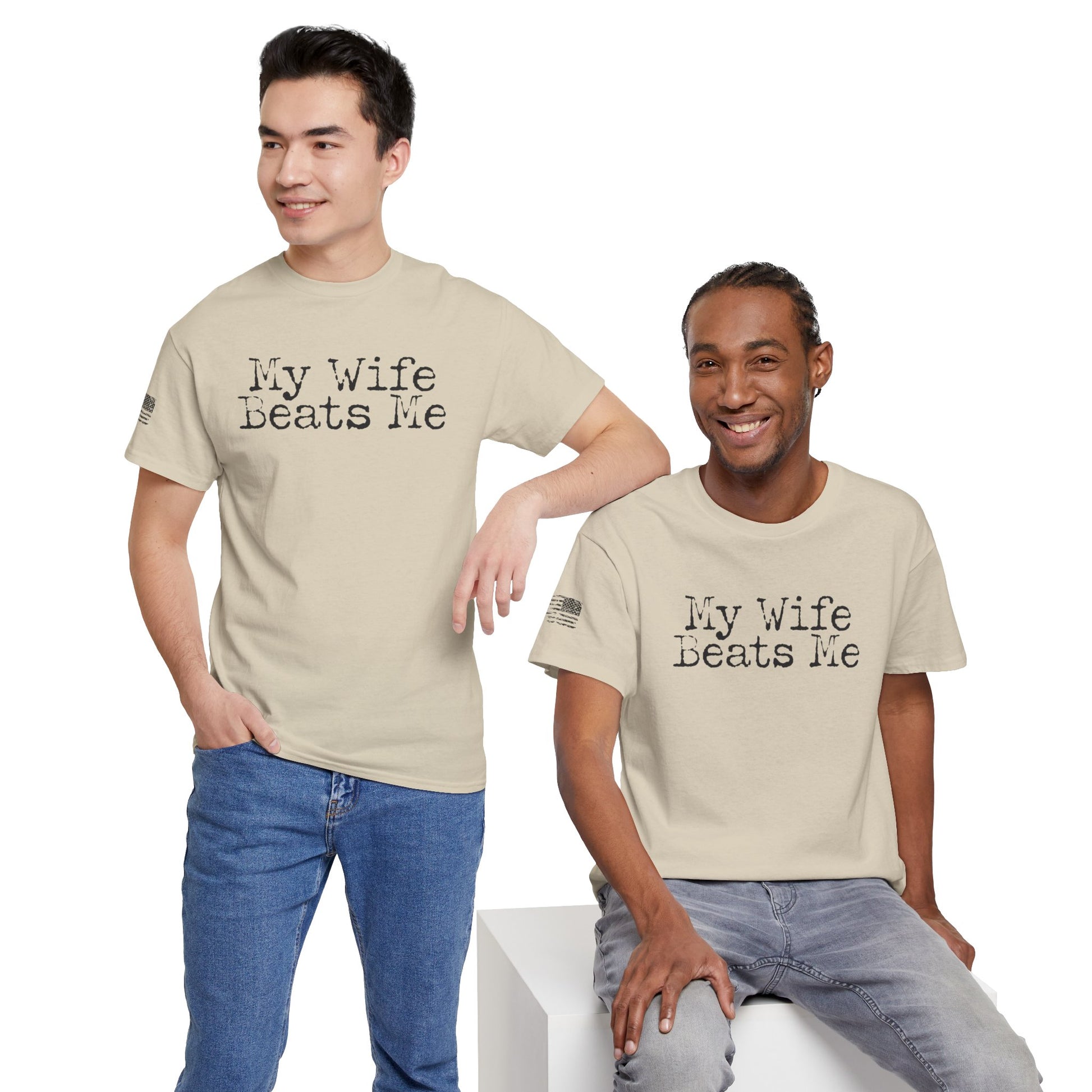 Two men wearing t-shirts with 'My Wife Beats Me' text on a white background