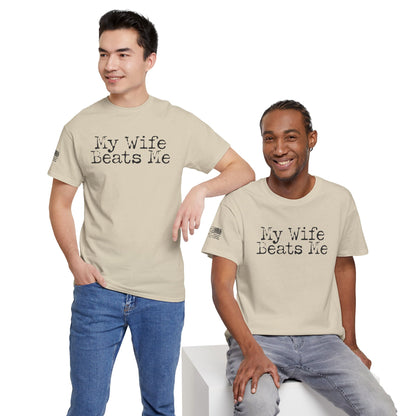 Two men wearing t-shirts with 'My Wife Beats Me' text on a white background