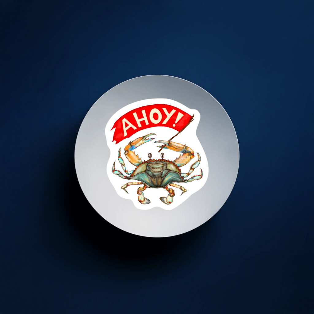 Sticker of a crab with 'AHoy!' text on a white background.  Durable vinyl, die-cut Sticker.