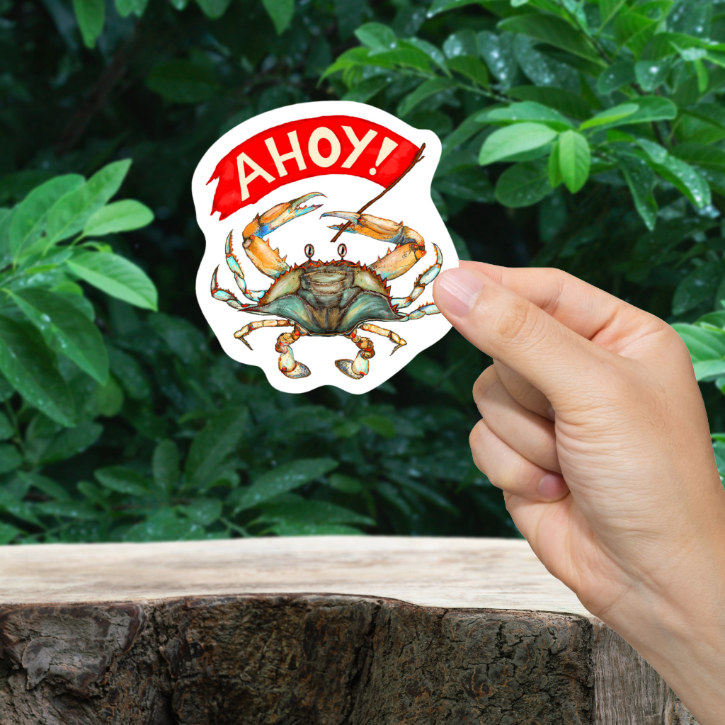 Sticker of a crab with 'AHoy!' text on a white background.  Durable vinyl, die-cut Sticker.