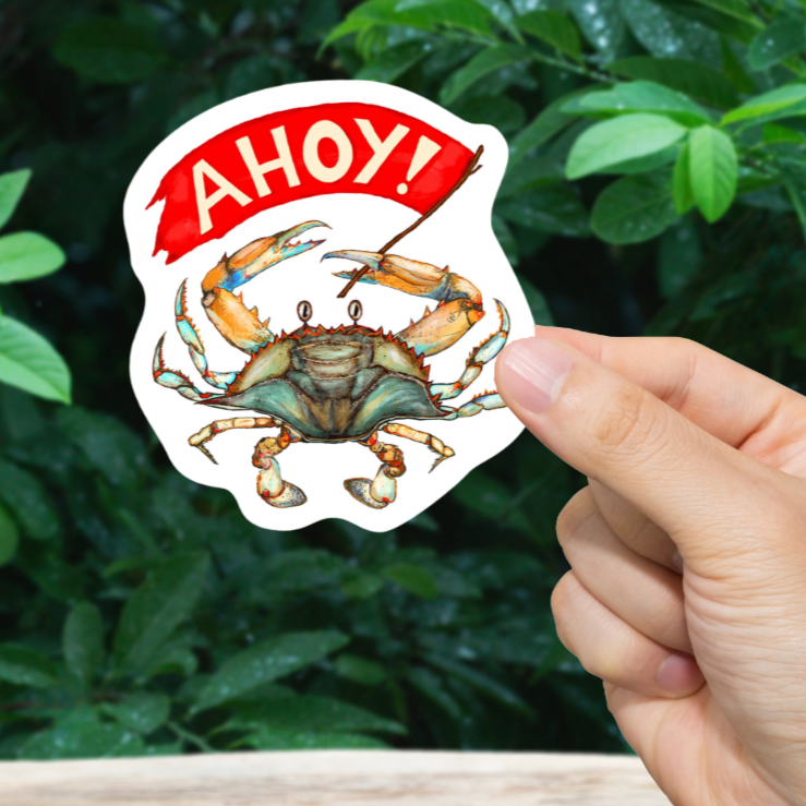 Durable, vinyl, die-cut, Ahoy Crab Sticker