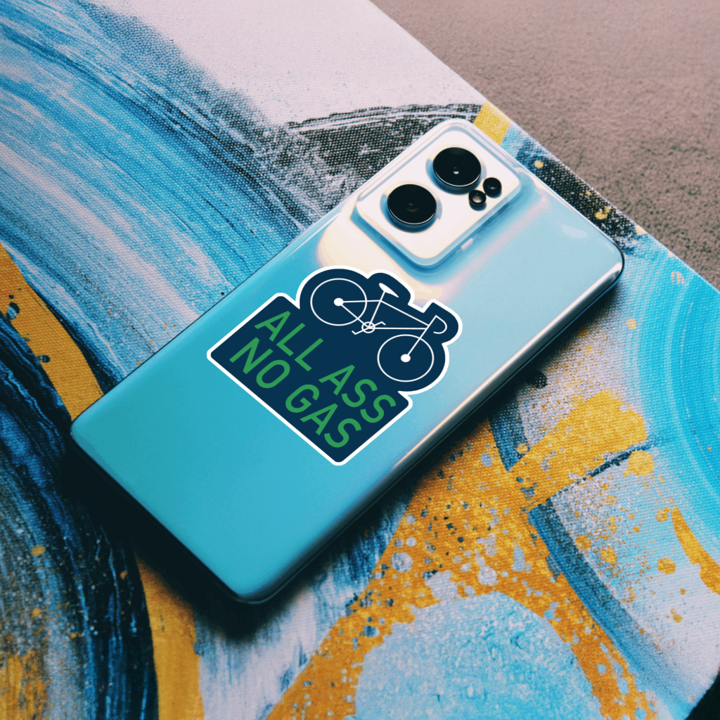 Durable vinyl die-cut All Ass No Gas Biking Sticker.