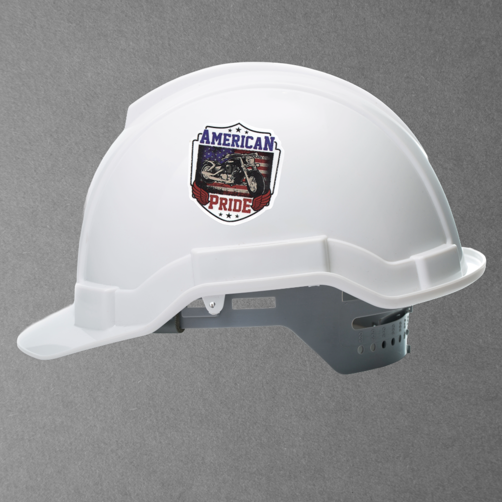 White hard hat with 'American Pride' logo on a gray background
