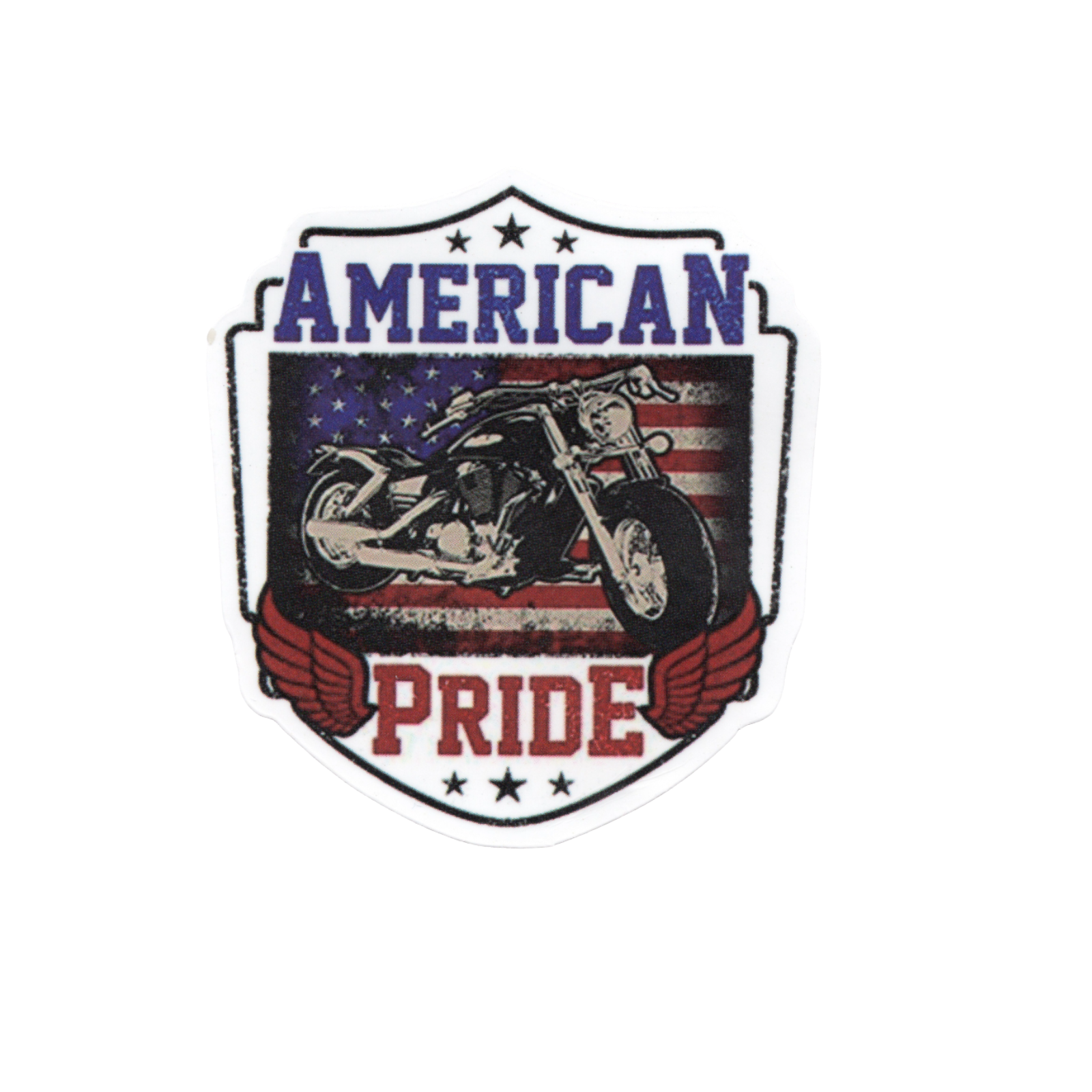 Emblem with motorcycle design and 'American Pride' text on a white background