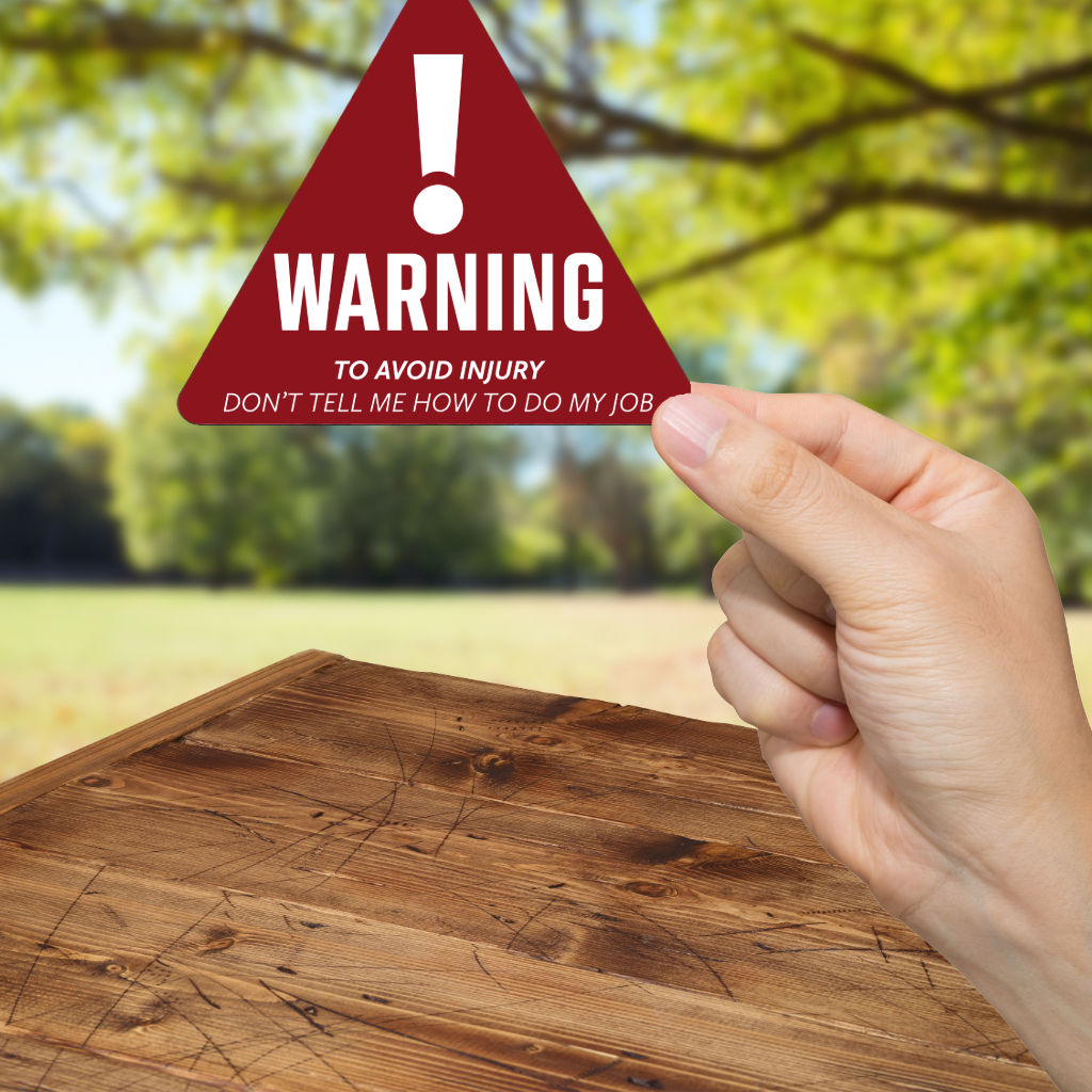 Durable, vinyl, die-cut, Avoid Injury Sticker.