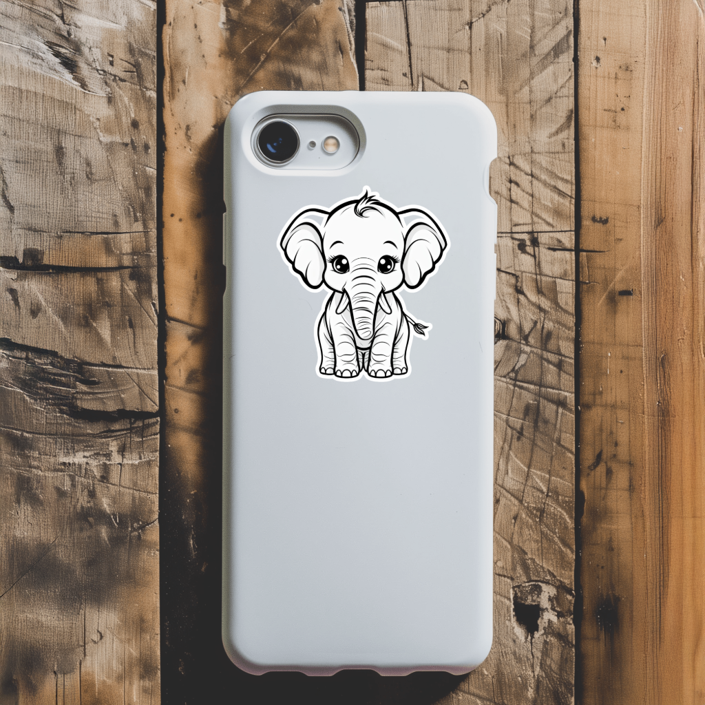 Phone case with a cartoon baby elephant sticker.  Durable vinyl die-cut sticker.