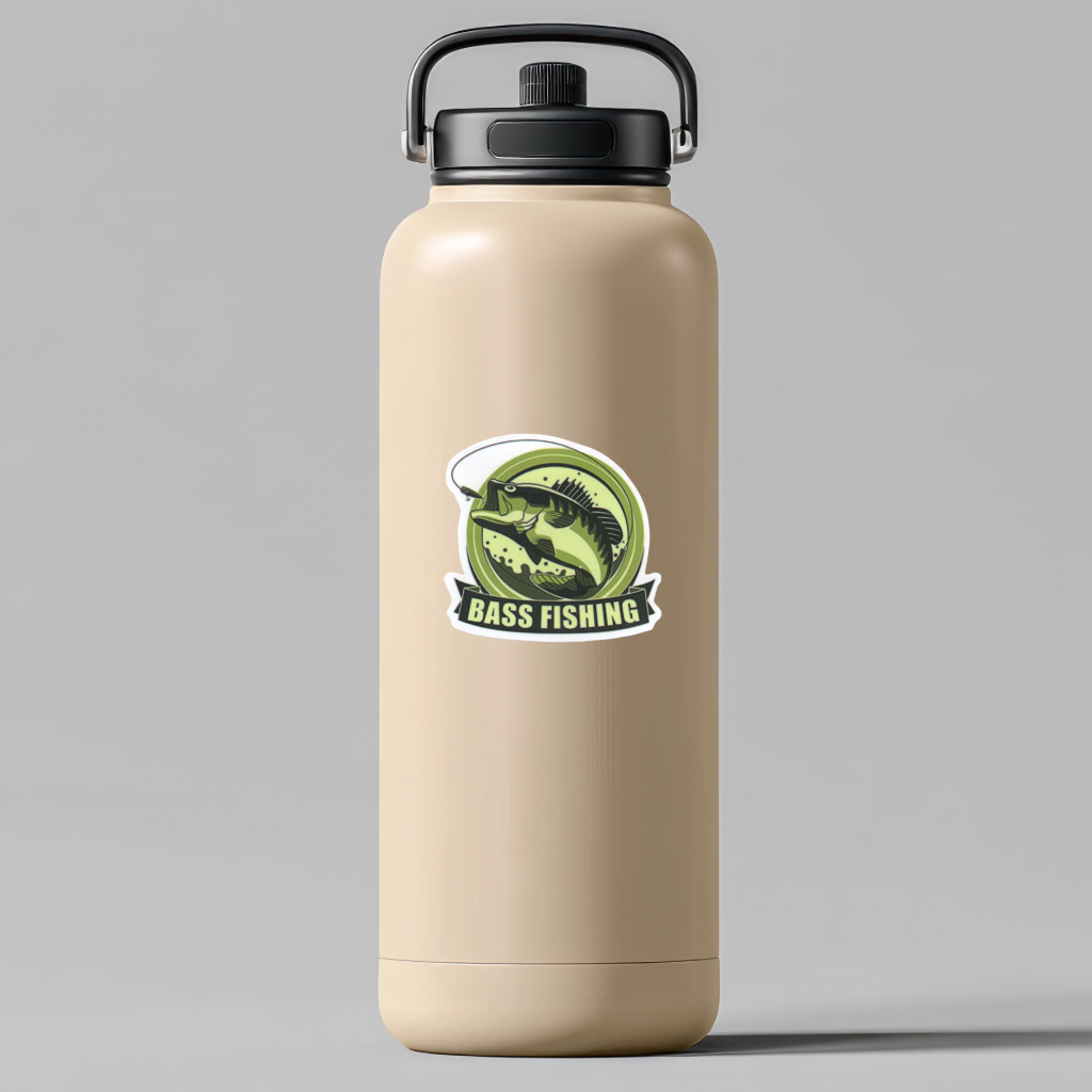 Beige water bottle with a black lid featuring a bass fishing graphic on a gray background