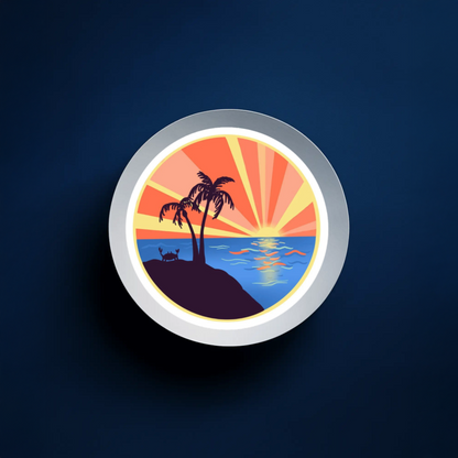 Circular sticker with a sunset over water and palm tree on a dark blue background.  Durable, die-cut Beach Crab Sunset Sticker