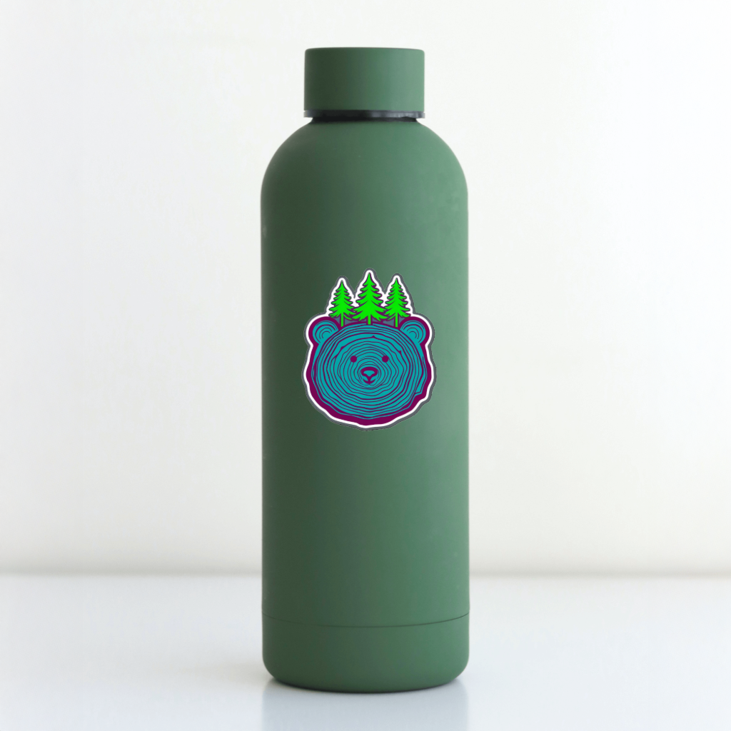Durable vinyl die-cut Bear Shaped Stump Sticker with trees