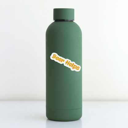 Green water bottle with 'Beer Helps' sticker on a white background