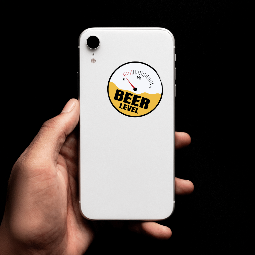 Hand holding a white phone with a 'Beer Level' sticker on a black background