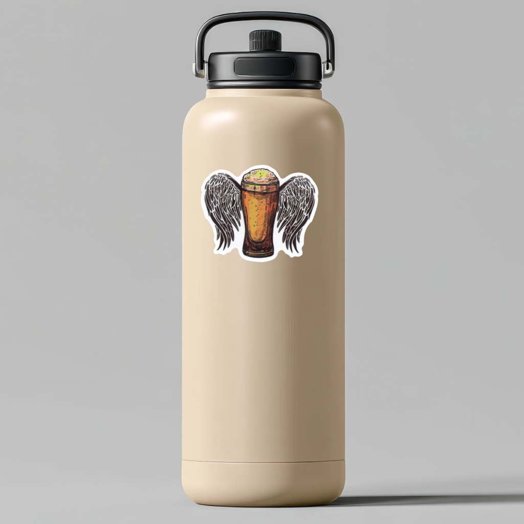 Beige water bottle with a black lid featuring a sticker of a beer with wings on a gray background