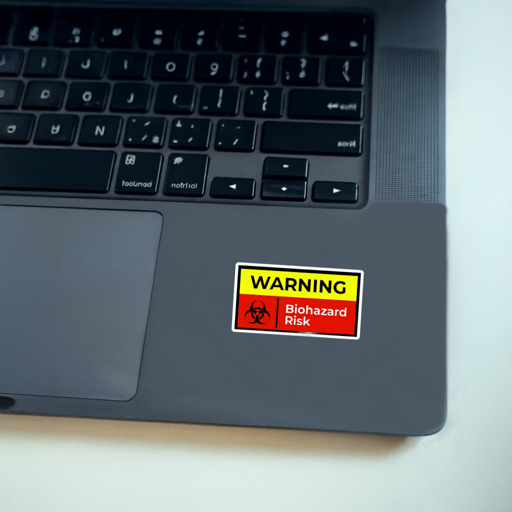 Laptop with a biohazard risk warning sticker on a light background.  Durable vinyl die-cut Sticker.