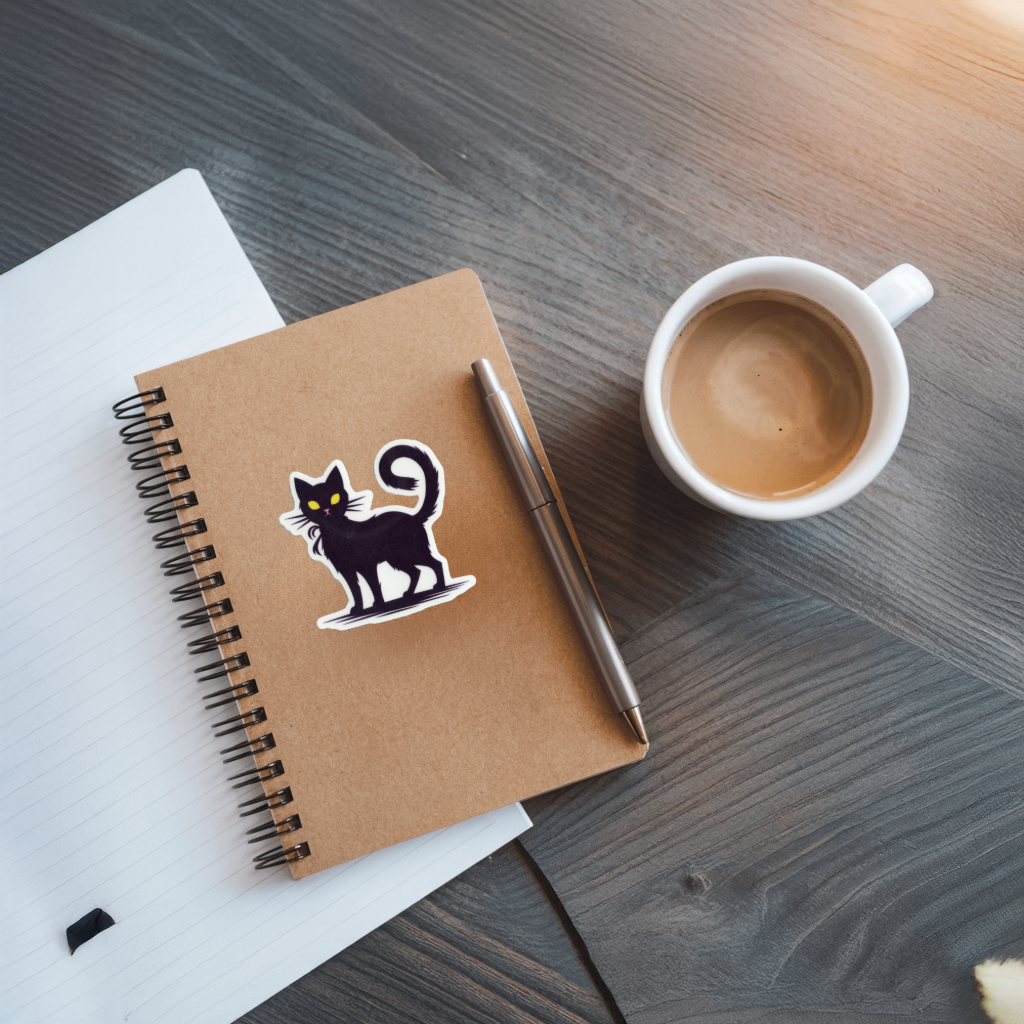 Notebook with a black cat sticker. Durable vinyl, die-cut sticker.