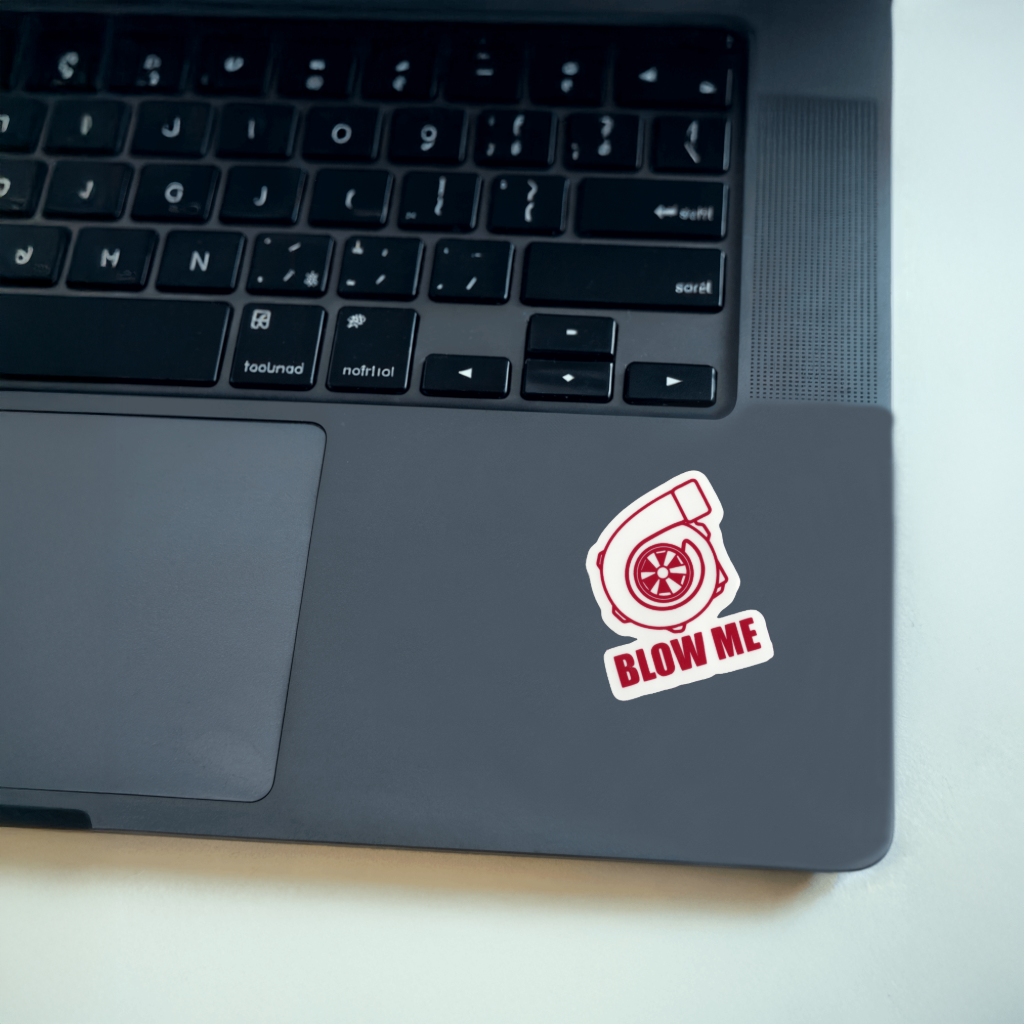 Laptop with a 'BLOW ME' sticker.  Durable vinyl, die-cut sticker.