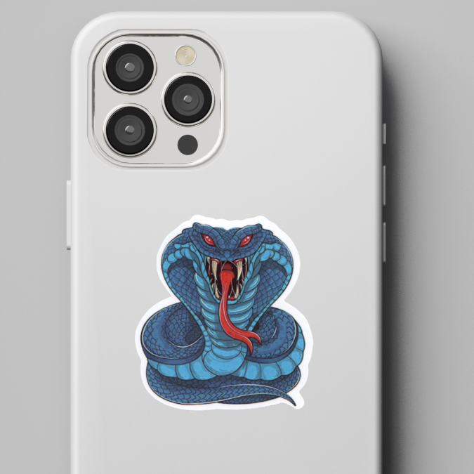 Phone case with a blue Cobra design on a gray background