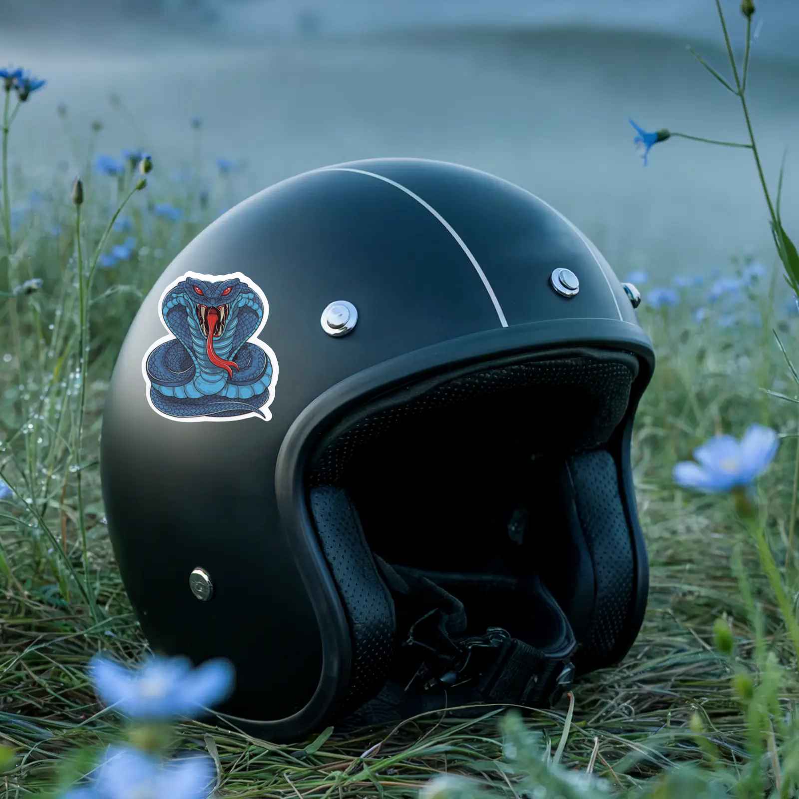Black helmet with a Cobra design on a grassy field with blue flowers