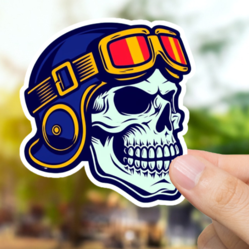 Durable, vinyl, die-cut, Skull with Cap-Goggles Sticker.