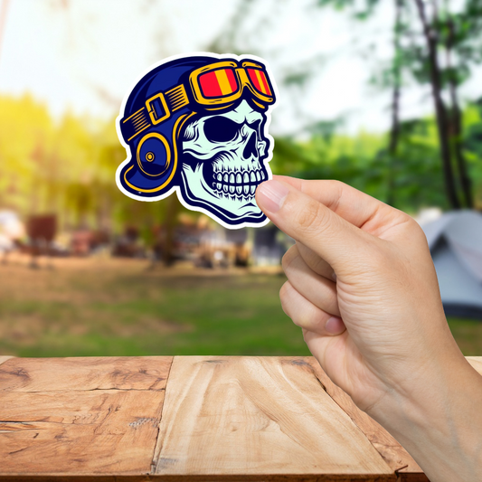 Durable, vinyl, die-cut, Skull with Cap-Goggles Sticker.
