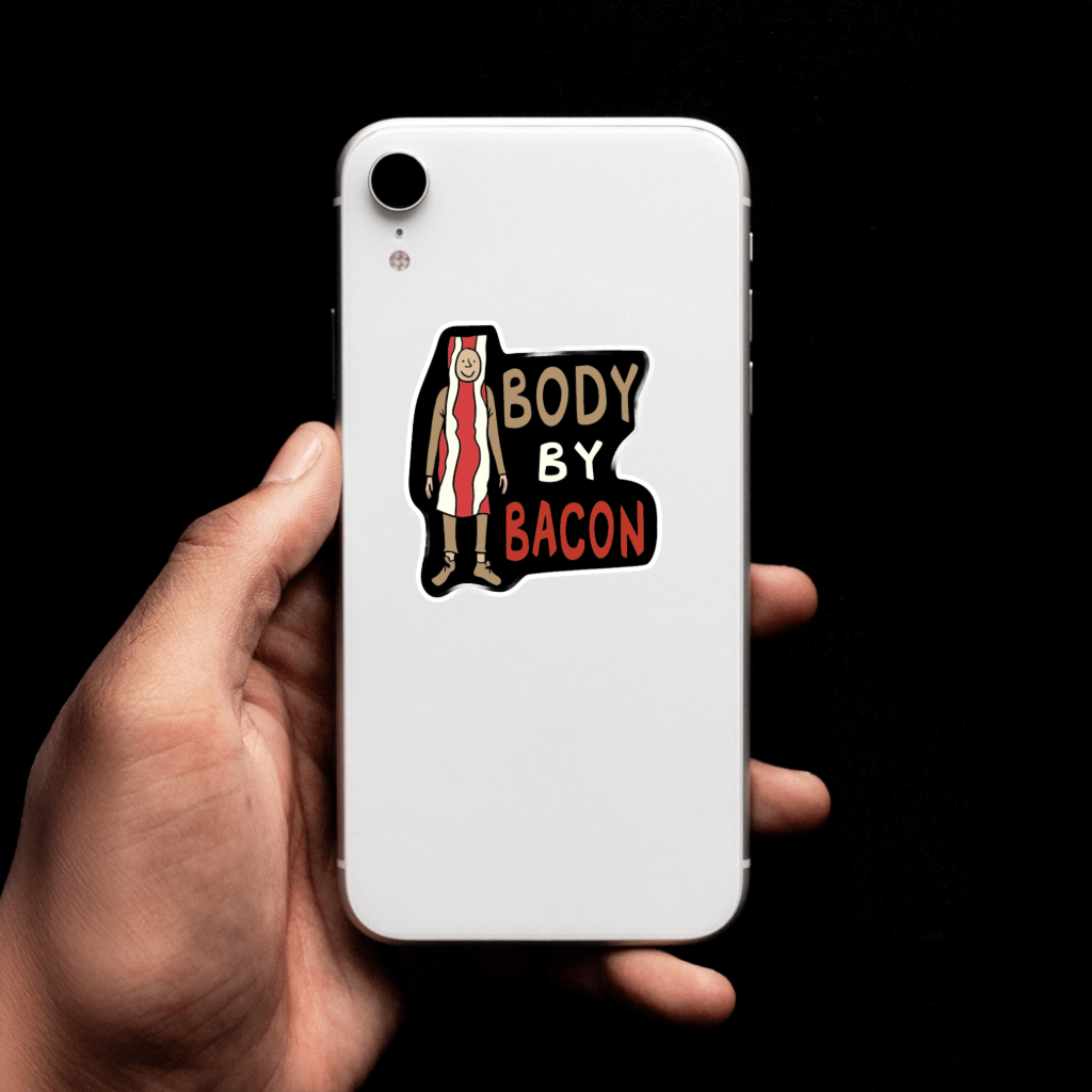 Phone case with 'Body by Bacon' sticker.  Durable vinyl die-cut sticker.
